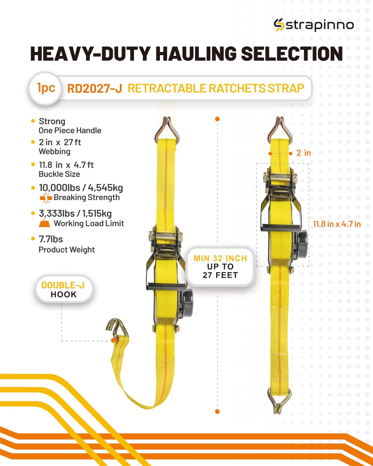 Retractable Ratchet Tie-Down Strap - 2 in x 27 ft Heavy-Duty Strap, 10,000 lb... gallery