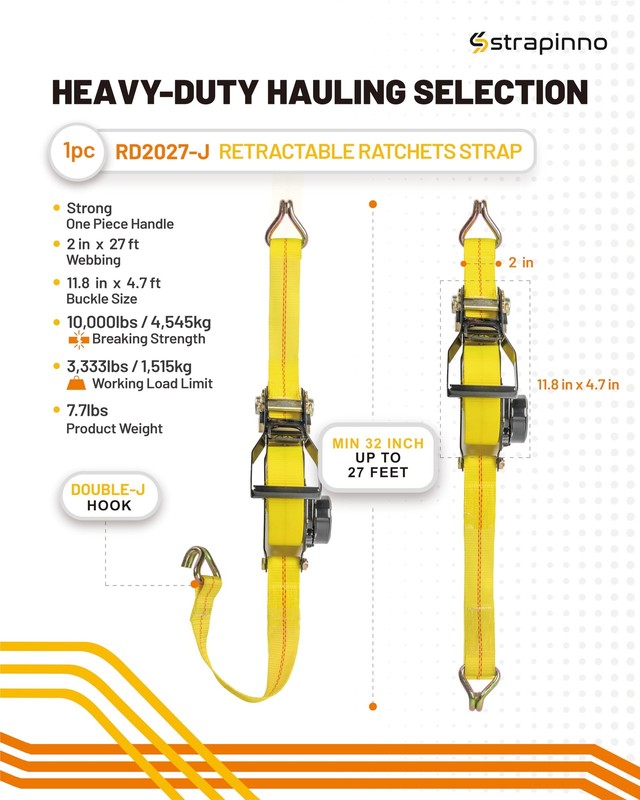 Retractable Ratchet Tie-Down Strap - 2 in x 27 ft Heavy-Duty Strap, 10,000 lb... gallery