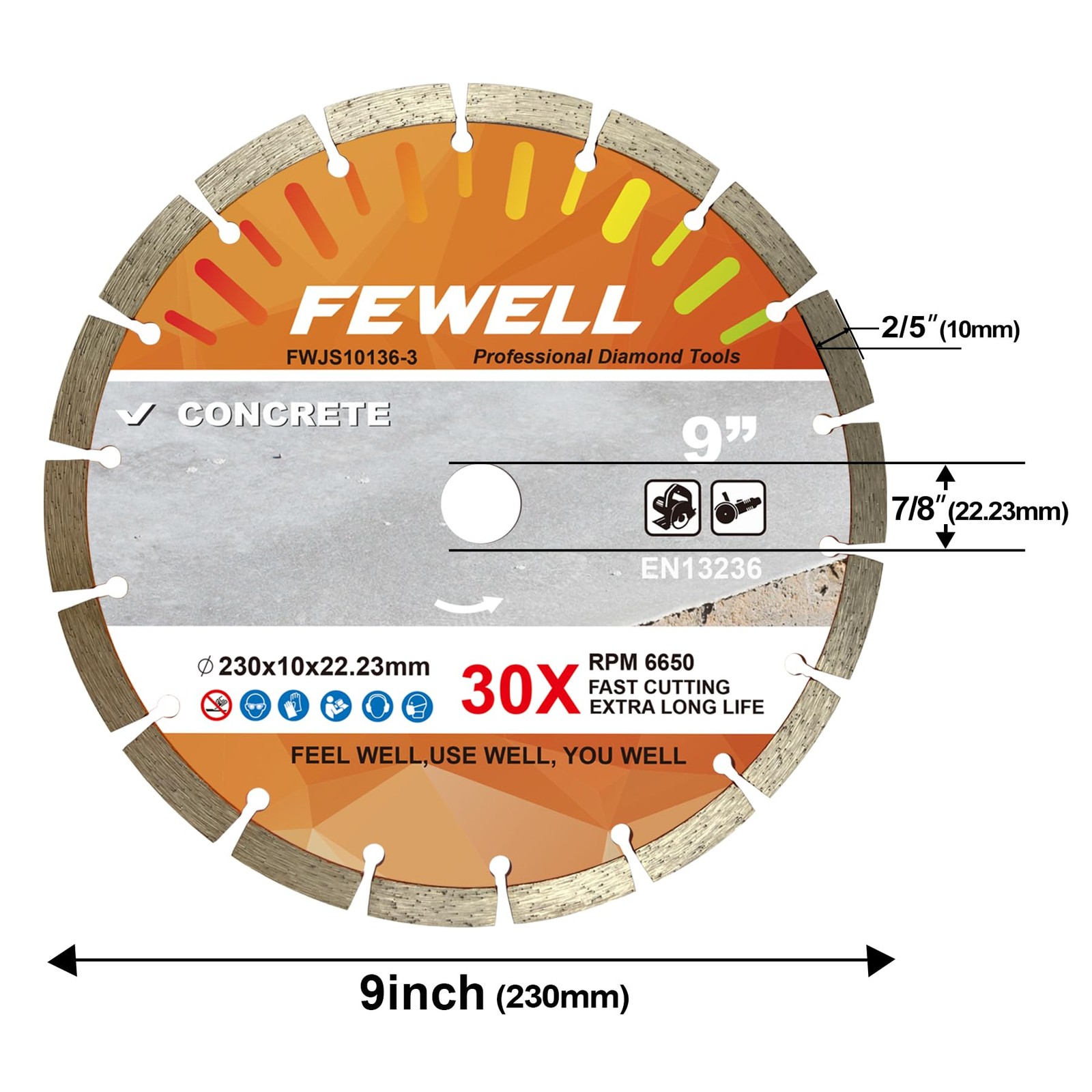 FEWELL 9 Inch Diamond Blade, Segmented General Purpose Blade Dry/Wet Cutting Con gallery