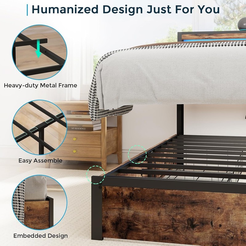 Full Queen Bed Frame with 4 Storage Drawers and Charging Station ＆ LED Lights gallery