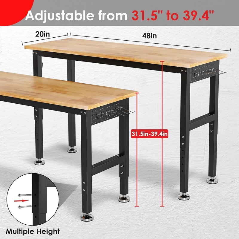 48" Adjustable Work Bench with Power Outlet,Rubber Wood Top Work Table,2000 LBS gallery