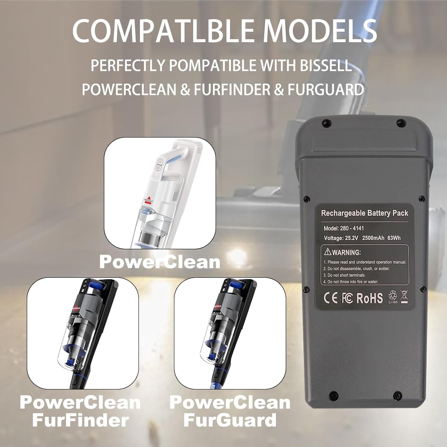 2500Mah Replacement Battery for Bissell Powerclean Furguard 280W & Furfinder 200 gallery