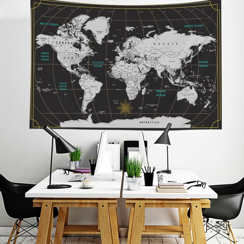 CAPSCEOLL World Map Tapestry Wall Hanging Black 40"L x 30"W, White 2 gallery