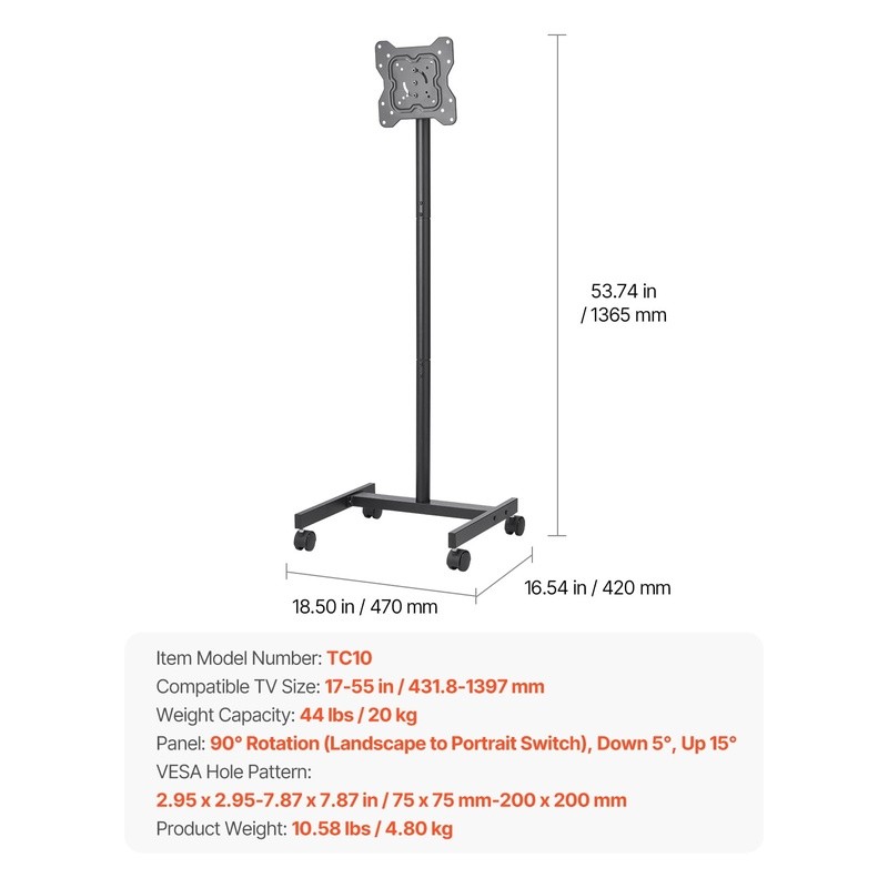 Mobile TV Stand W/ Wheels Adjustable Height 17-55 Inch Displays VESA Compatible gallery