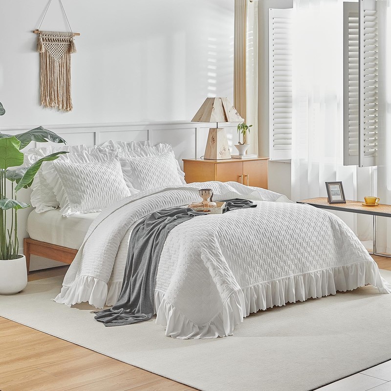Ruffled Quilt Bedding Set King Size 96 * 108 in - 3 Pieces Solid Shabby Chic ... gallery