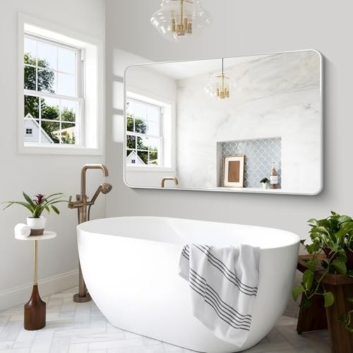 BONEWEI Silver Bathroom Mirror,60x40 inch 60"L x 40"W Silver Rounded Rectangle gallery