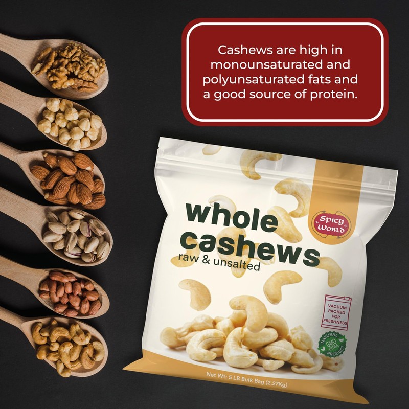 Spicy World Raw Cashews Whole 5 Pound Bulk - Unsalted, Natural & Pure, No gallery