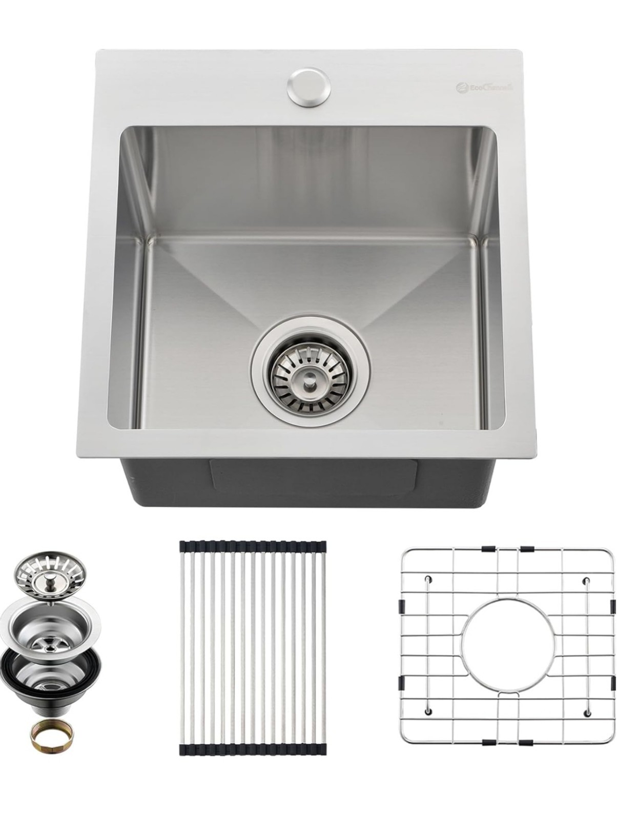 Drop In Kitchen Sink, 15 x 15 Inch 16 Gauge Single Bowl Topmount + Thermometer gallery
