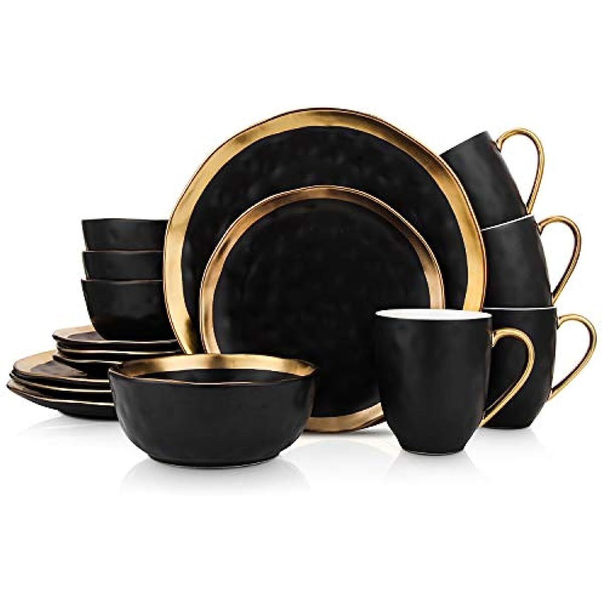 Stone Lain Porcelain 16 Piece Dinnerware Set Service for 4 Black and Golden Rim gallery