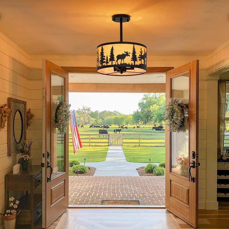 Rustic 3-Light Semi-Flush Mount Ceiling Light with Deer & Bear Design gallery