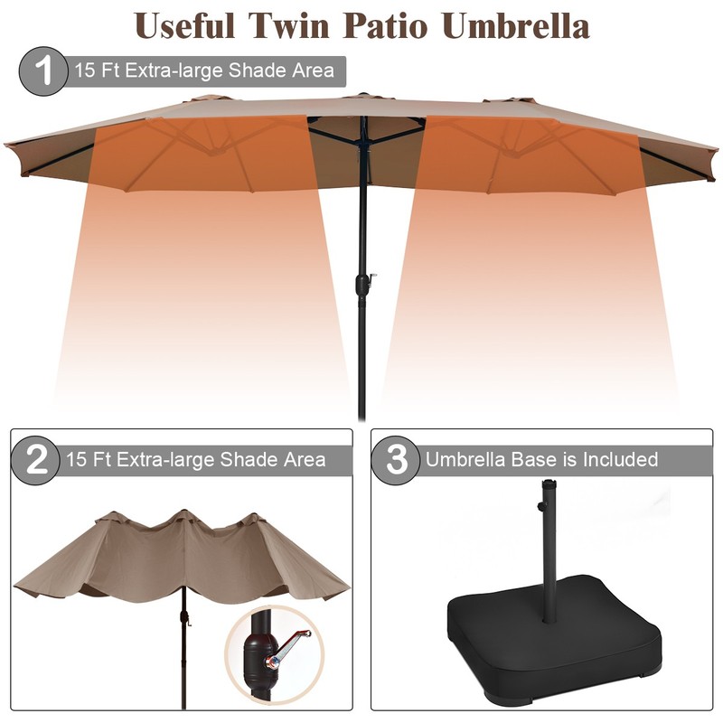 15 Ft Patio Double Sided Umbrella Outdoor Market Umbrella w/ Base Up to 220lbs gallery