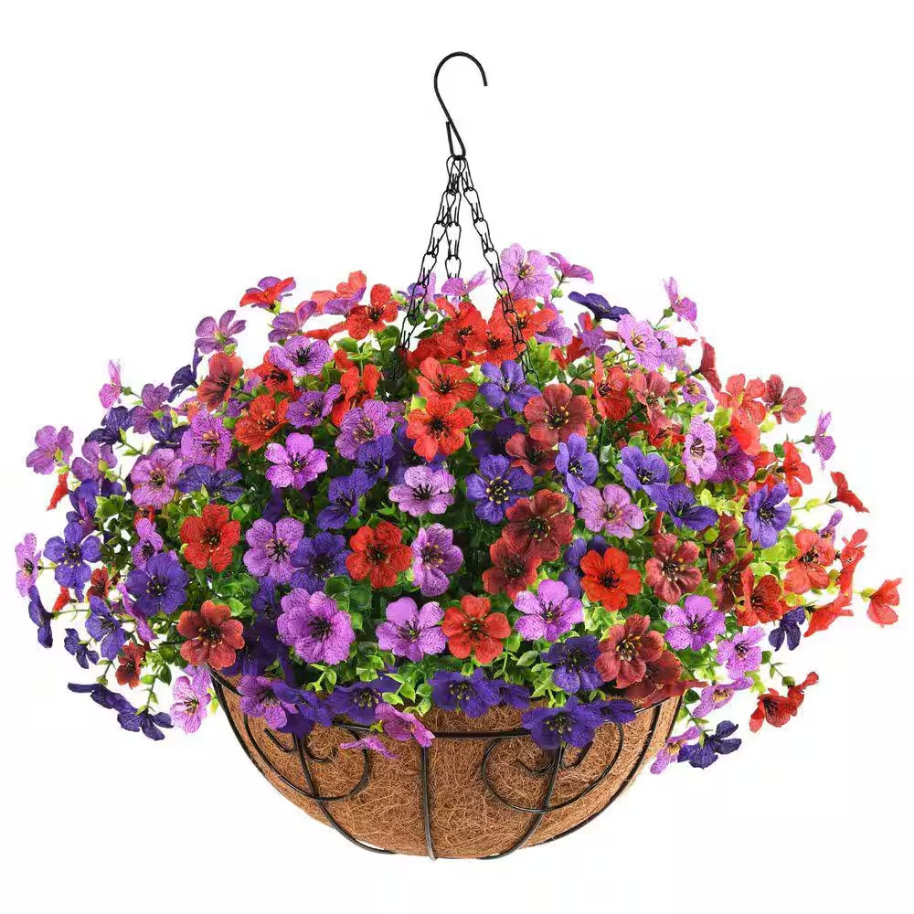19 In. Light/Deep Purple, Red, Brown Outdoor Artificial Daisy Flowers Hanging Ba gallery