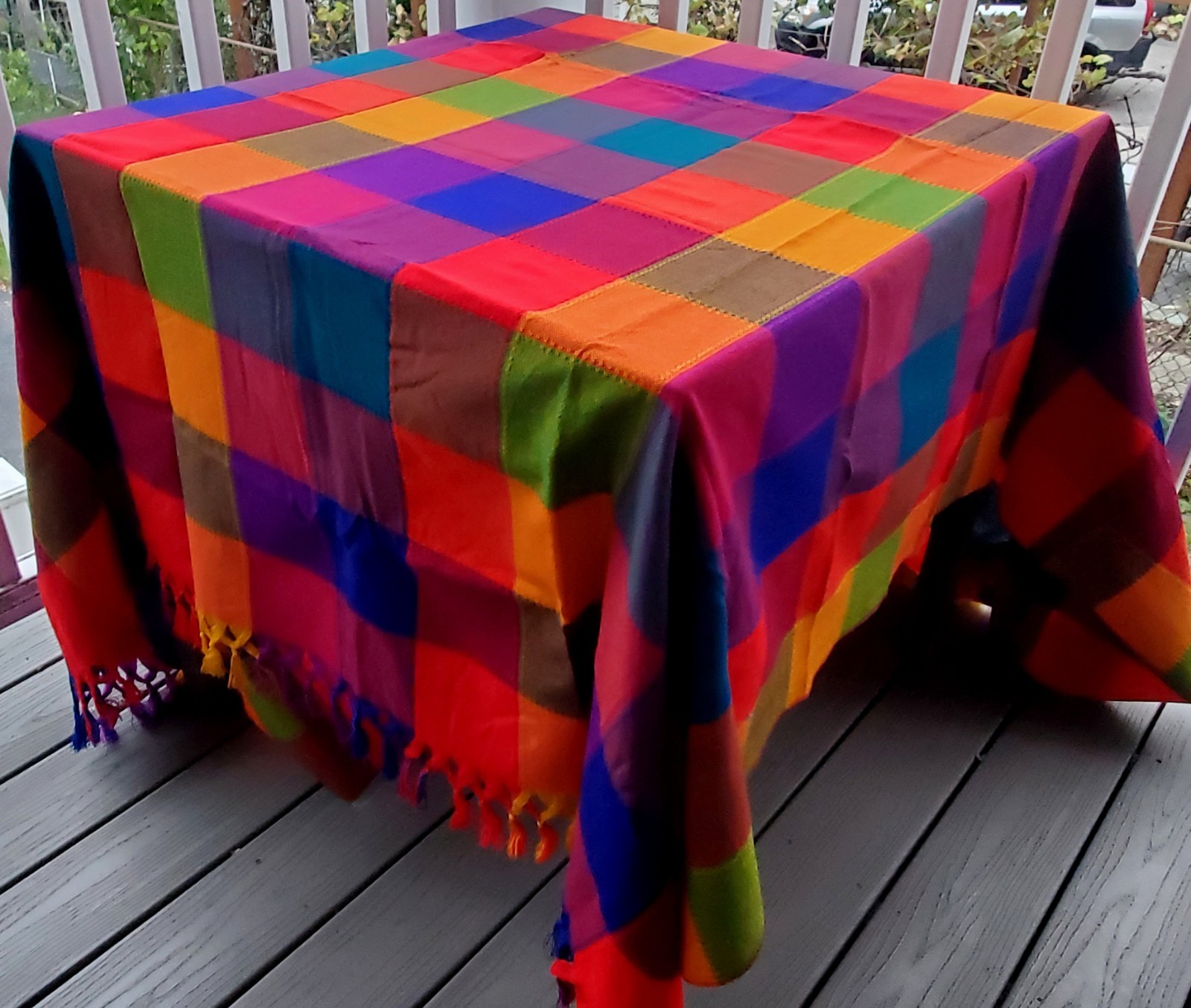 Great Mexican Handcrafted Color Block Fringed Tablecloth 86 x 78 in gallery
