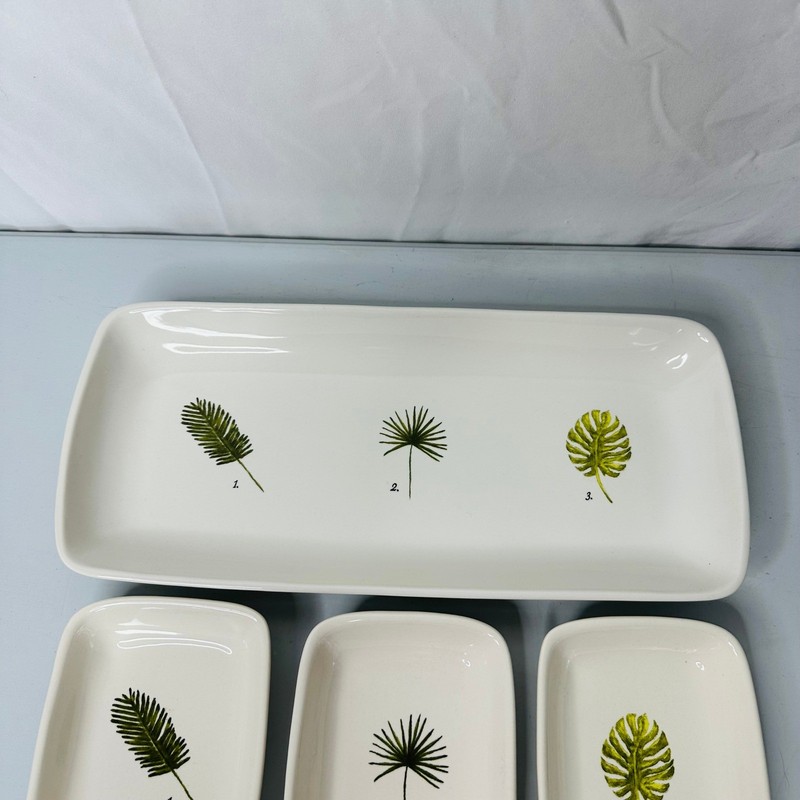 Botanical Palm Leaf Ceramic Serving Set Platter and 3 Appetizer Trays Green gallery