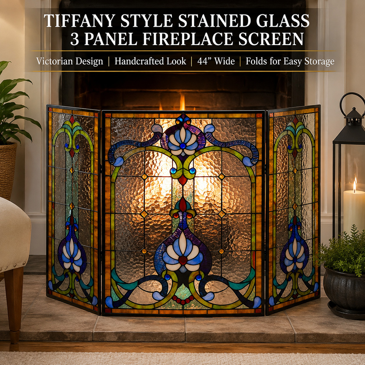 CHLOE Tiffany Style Stained Glass Fireplace Screen Victorian 3 Panel Folding 44" gallery