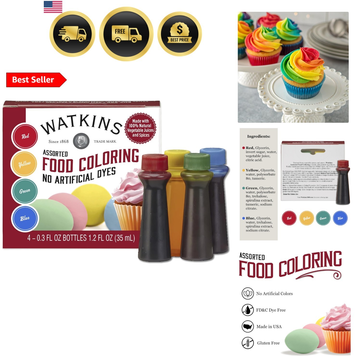Assorted Food Coloring, 1 Each Red, Yellow, Green, Blue, Total Four 0.3 oz bo... gallery