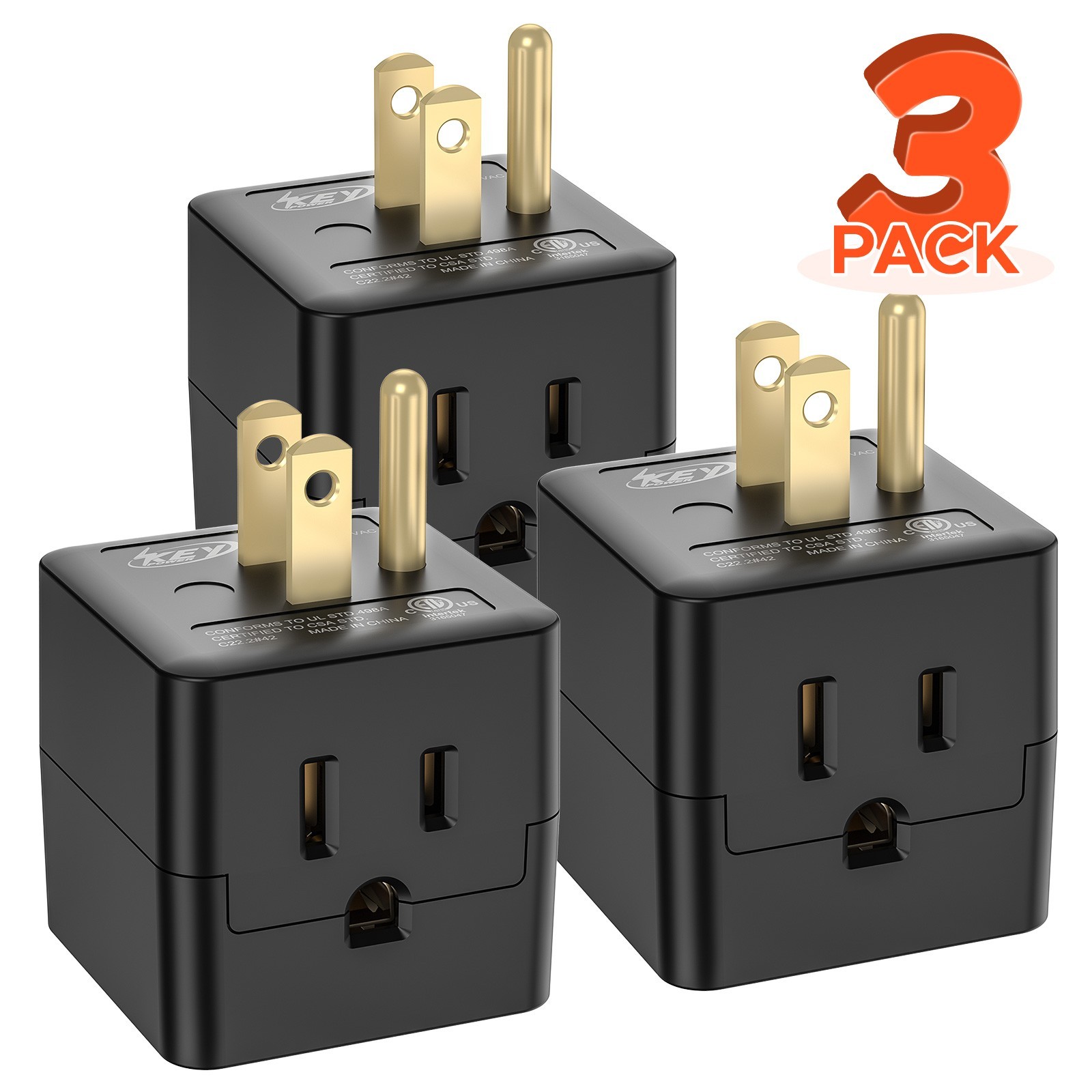 3PK 3 Outlet Extender Indoor Grounded AC Power Wall Tap Travel Adapter Plug gallery