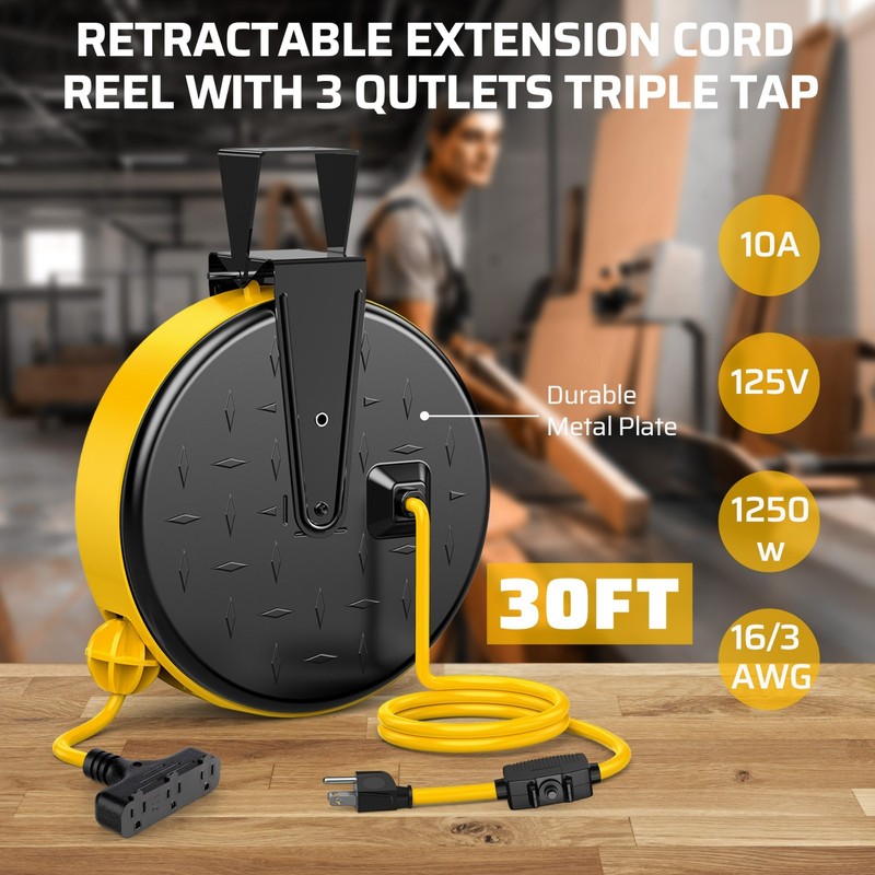 DEWENWILS 30 Ft Retractable Extension Cord Reel Wall Mount 16/3 SJTW 3 Outlets gallery