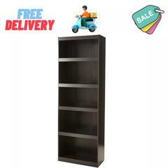 5-Shelf Wood Bookcase Adjustable Framed Storage Wide Shelf 71 in Tall, Espresso
