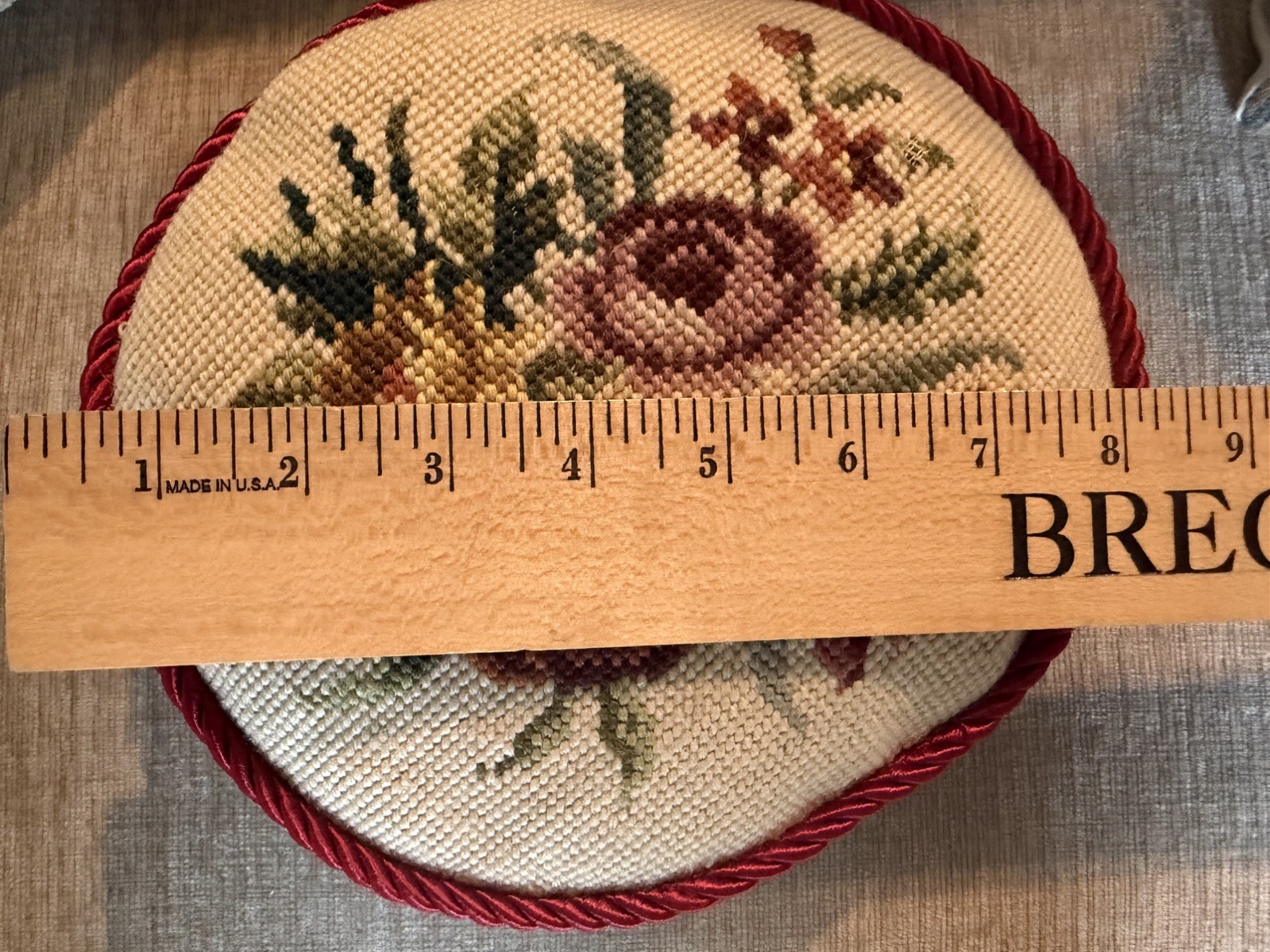 Vintage Needlepoint Round Mini Floral Throw Pillow Stool Pad Boho Cottage Decor gallery