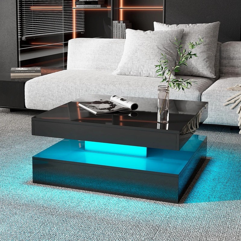 Square Coffee Table with LED Lights High Gloss Center Cocktail Table 2-Tier Whit gallery