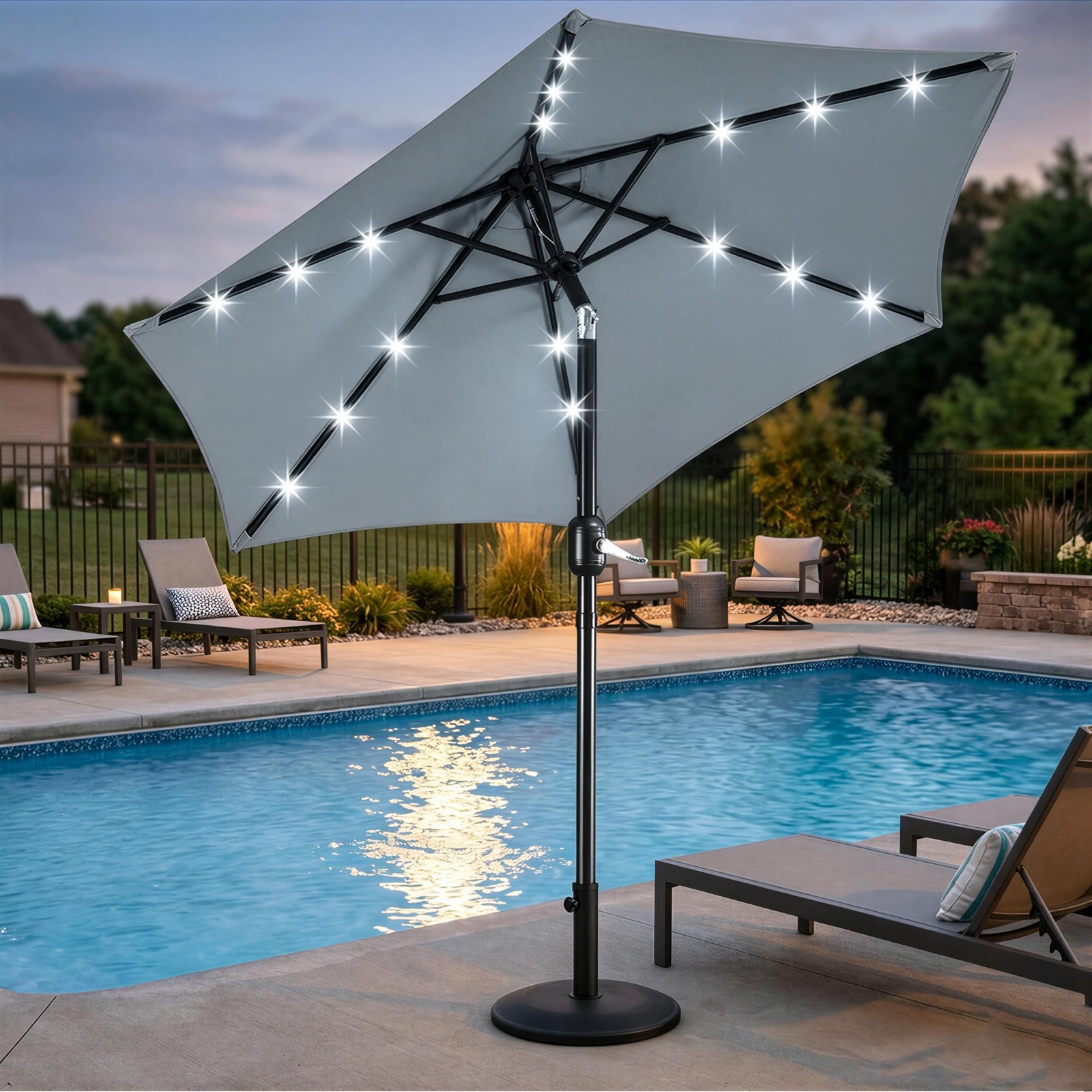 7.5 ft Solar Patio Umbrella LED Lighted Umbrella w/Tilt & Crank Lift System,Grey gallery