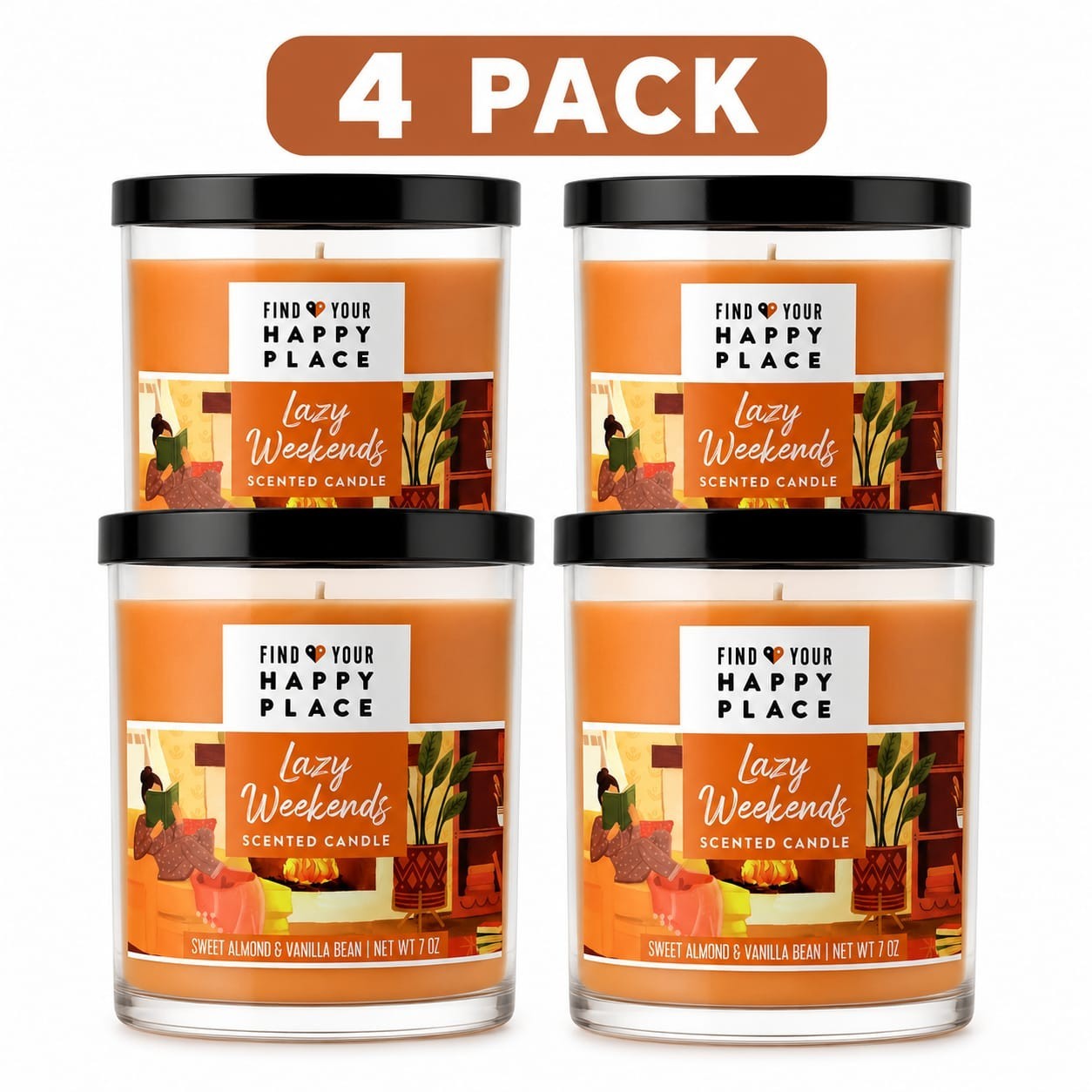 4 Pack Find Your Happy Place Lazy Weekends Scented Candle 7oz Sweet Almond & Van gallery