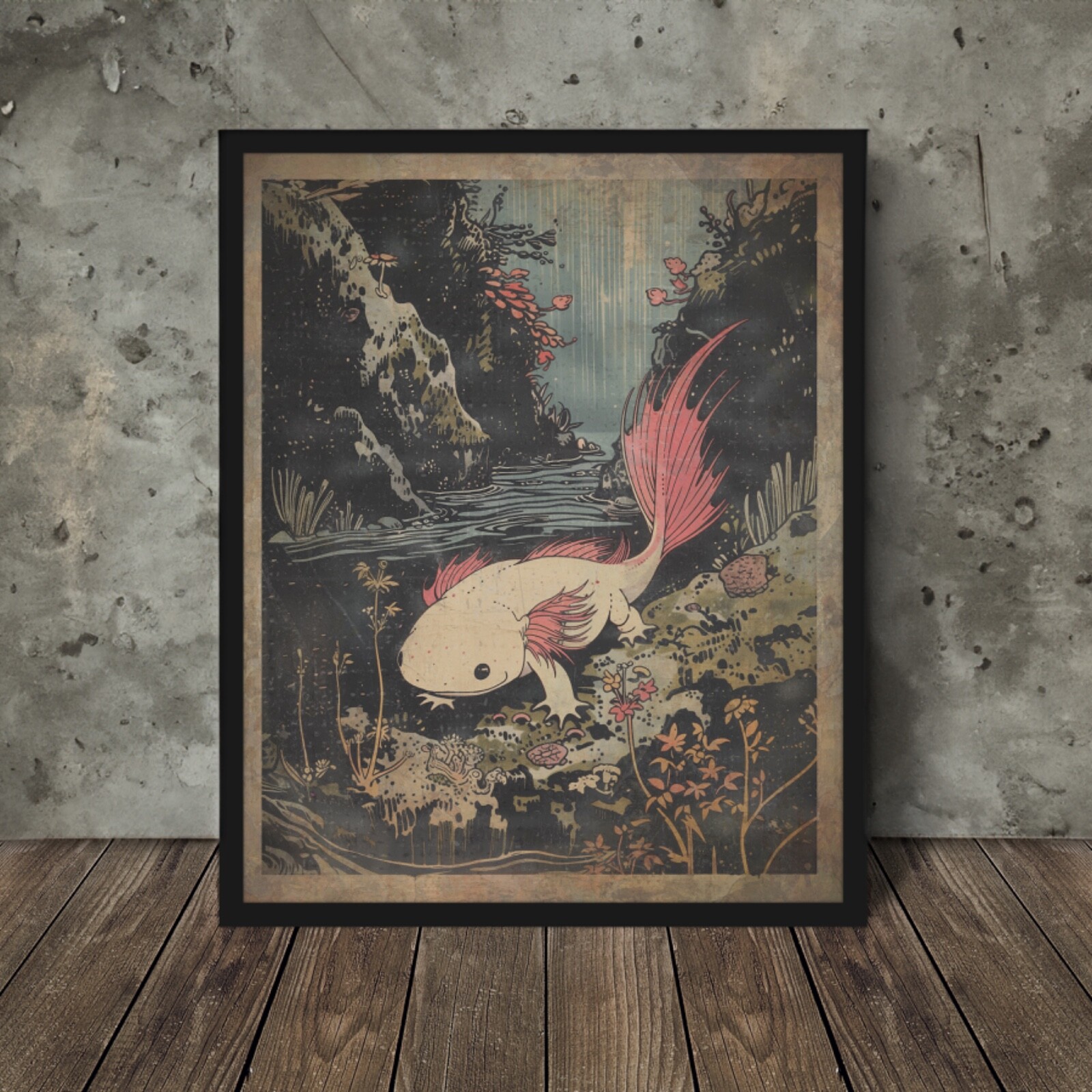 RETRO AXOLOTL Wall Art Print, SALAMANDER Flower Poster, Amphibian Animal Decor gallery
