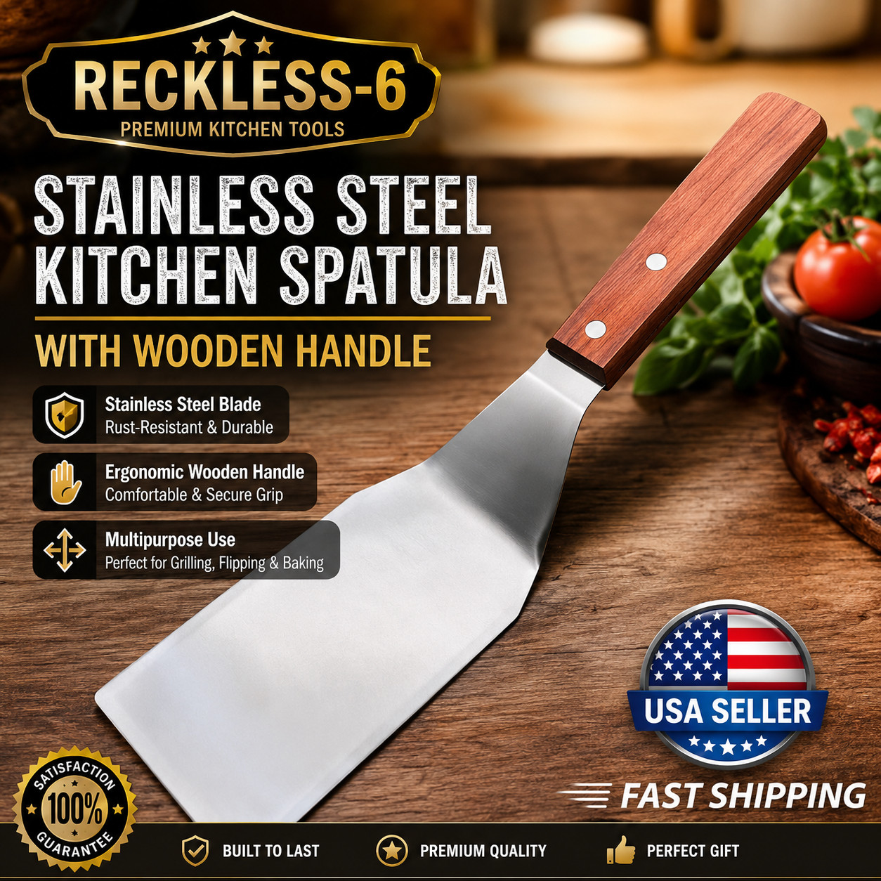 Metal Spatula Beveled Edges, Stainless Steel Spatula with Wood Handle gallery