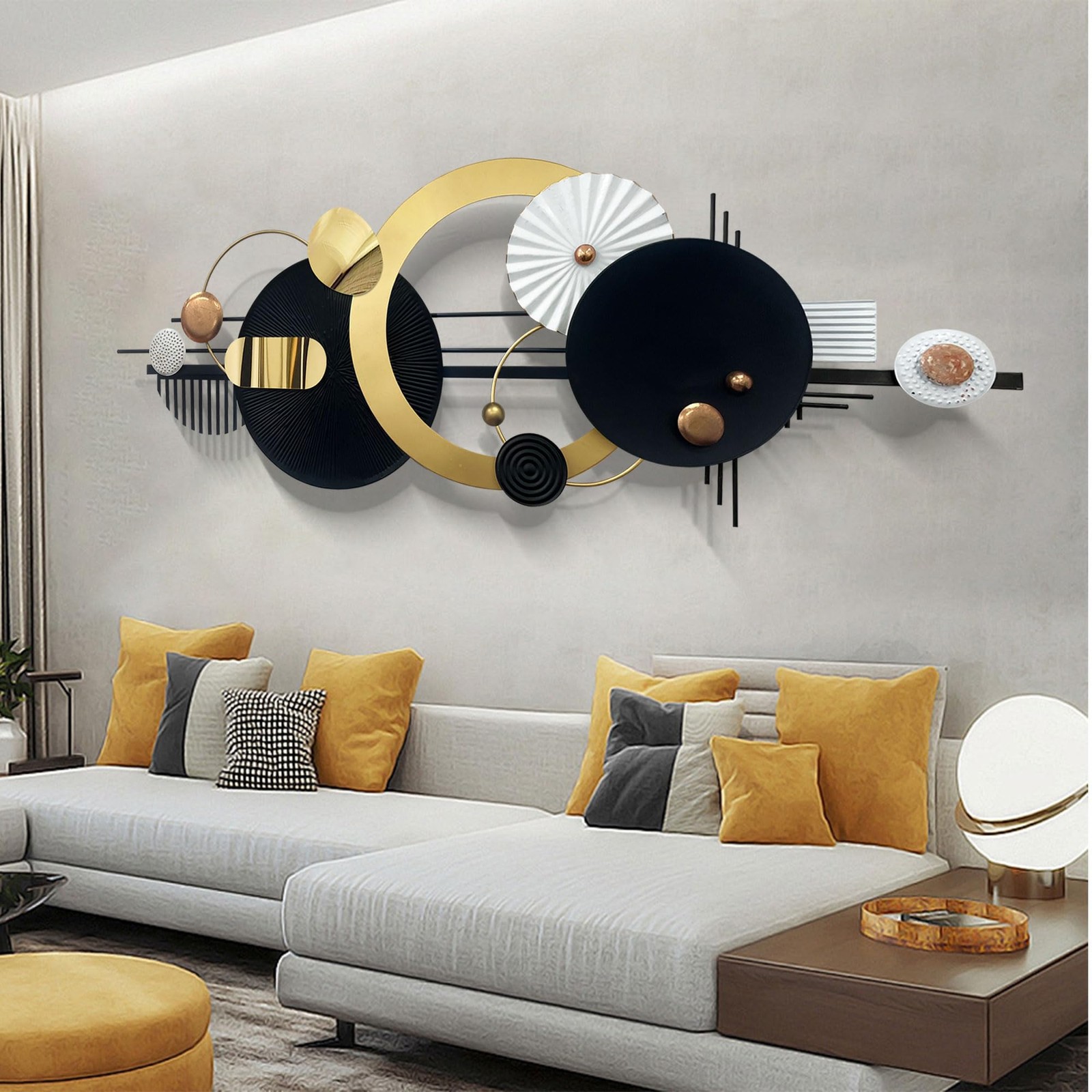Large Modern Abstract Metal Wall Art, Black and Gold Geometric Circles Wall D... gallery