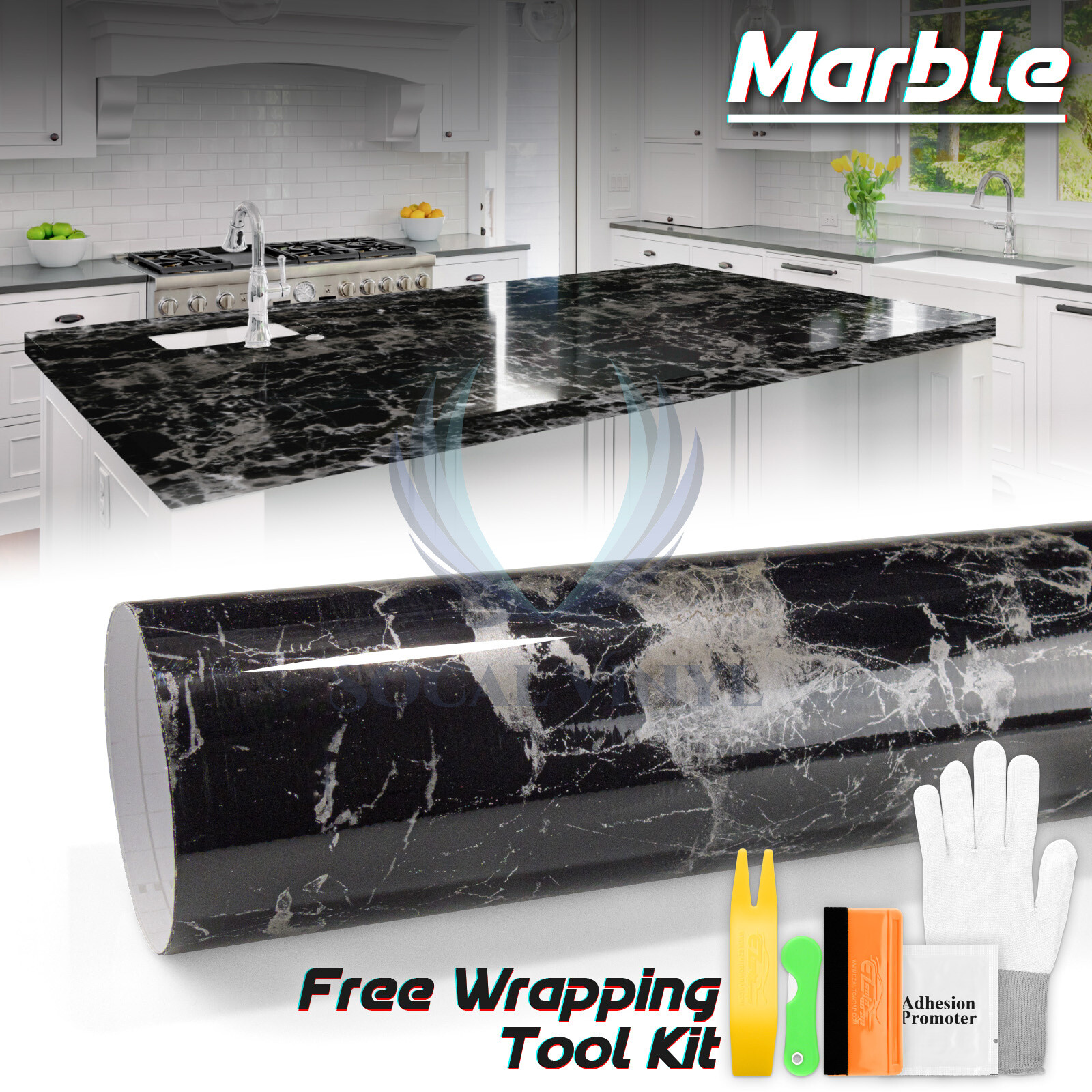 *Premium Gloss Black Marble Granite Look Vinyl Contact Paper Home Kitchen #6746 gallery