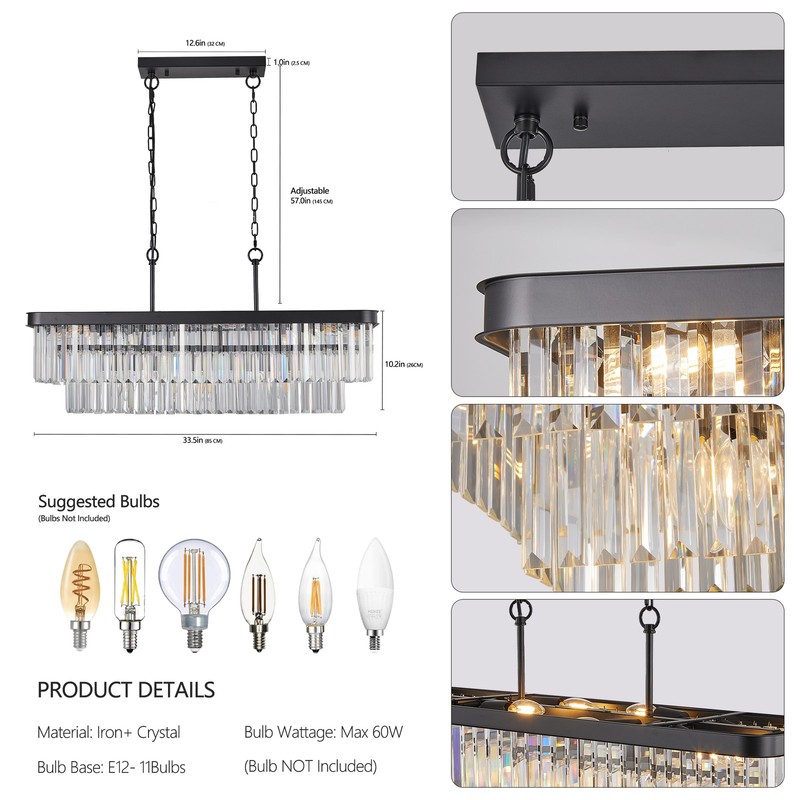 34 in Black Rectangular LED Crystal Chandelier 11 Light Pendant Kitchen Fixture gallery