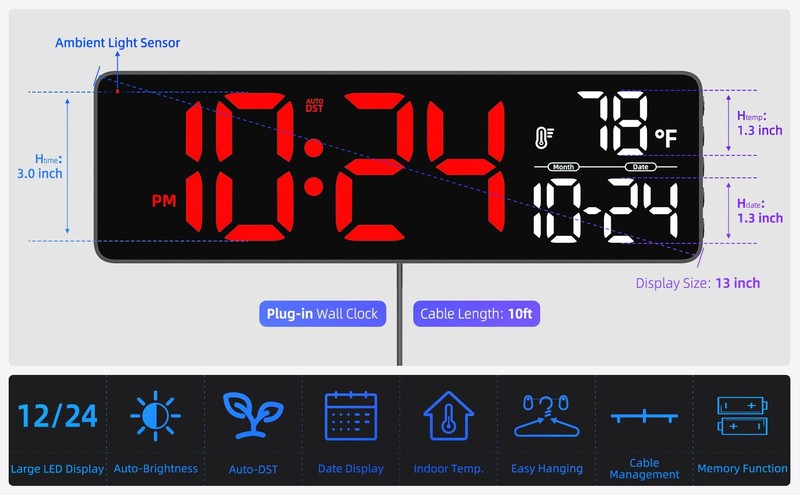 Large LED Digital Wall Clock with Date, Temperature, Auto-Brightness, Auto-DS... gallery