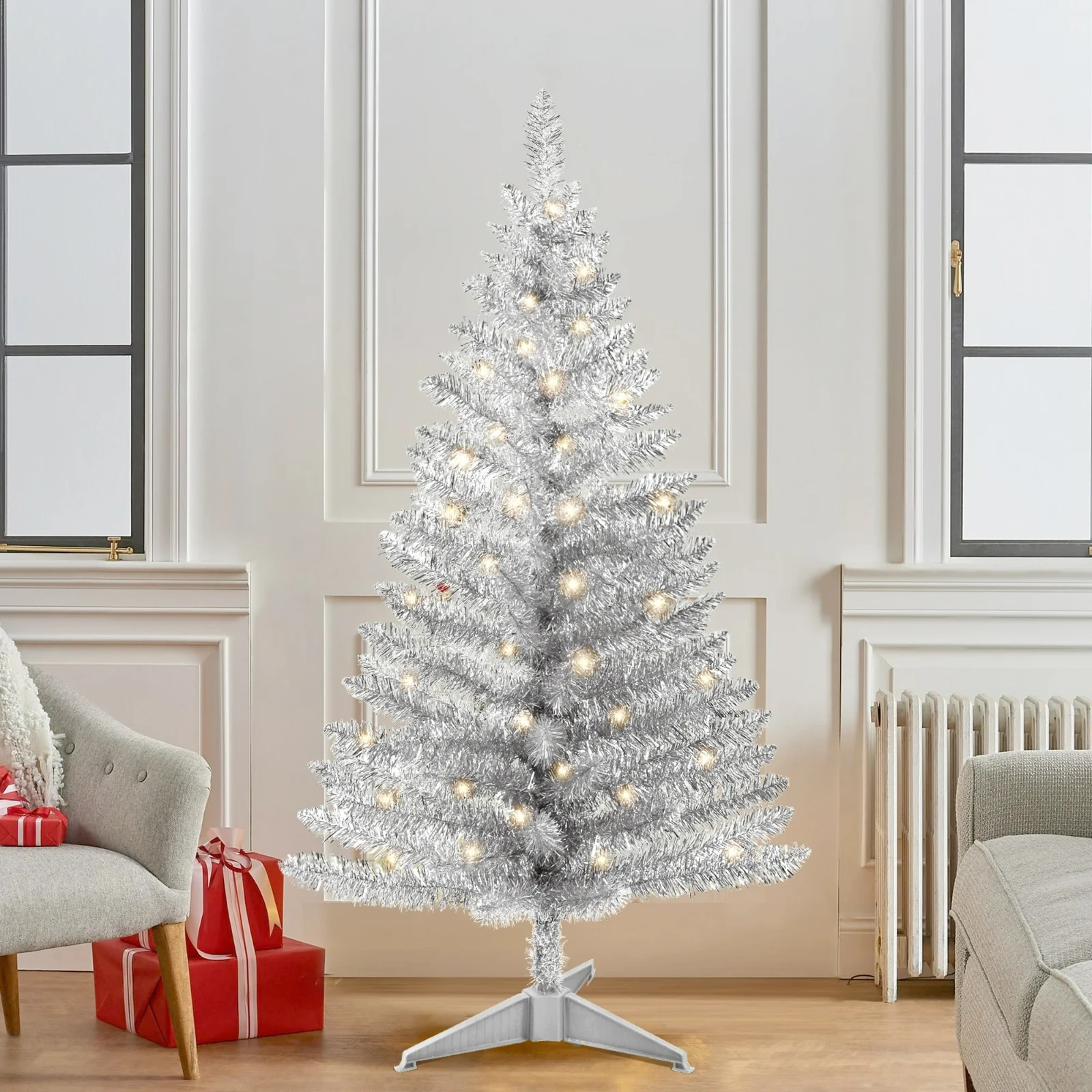4ft Lighted Silver Artificial Christmas Tree Small Mini Xmas Tree with 50 Lights gallery