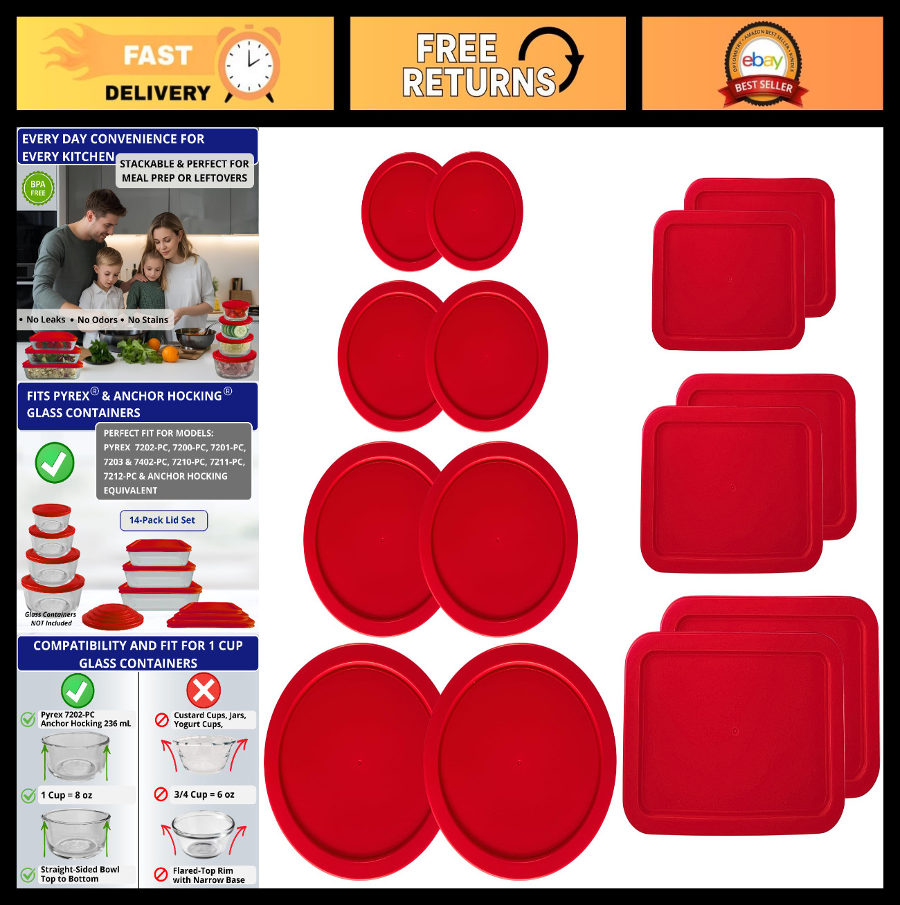 Red Replacement Lids for Glass Storage Bowls - 14 Pack, 1-11 Cup Sizes, Lids Onl gallery