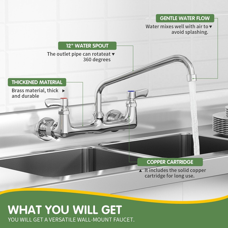 Wall Mount Kitchen Faucet, Commercial Sink Faucet with 12-Inch Swivel Spout, Br gallery