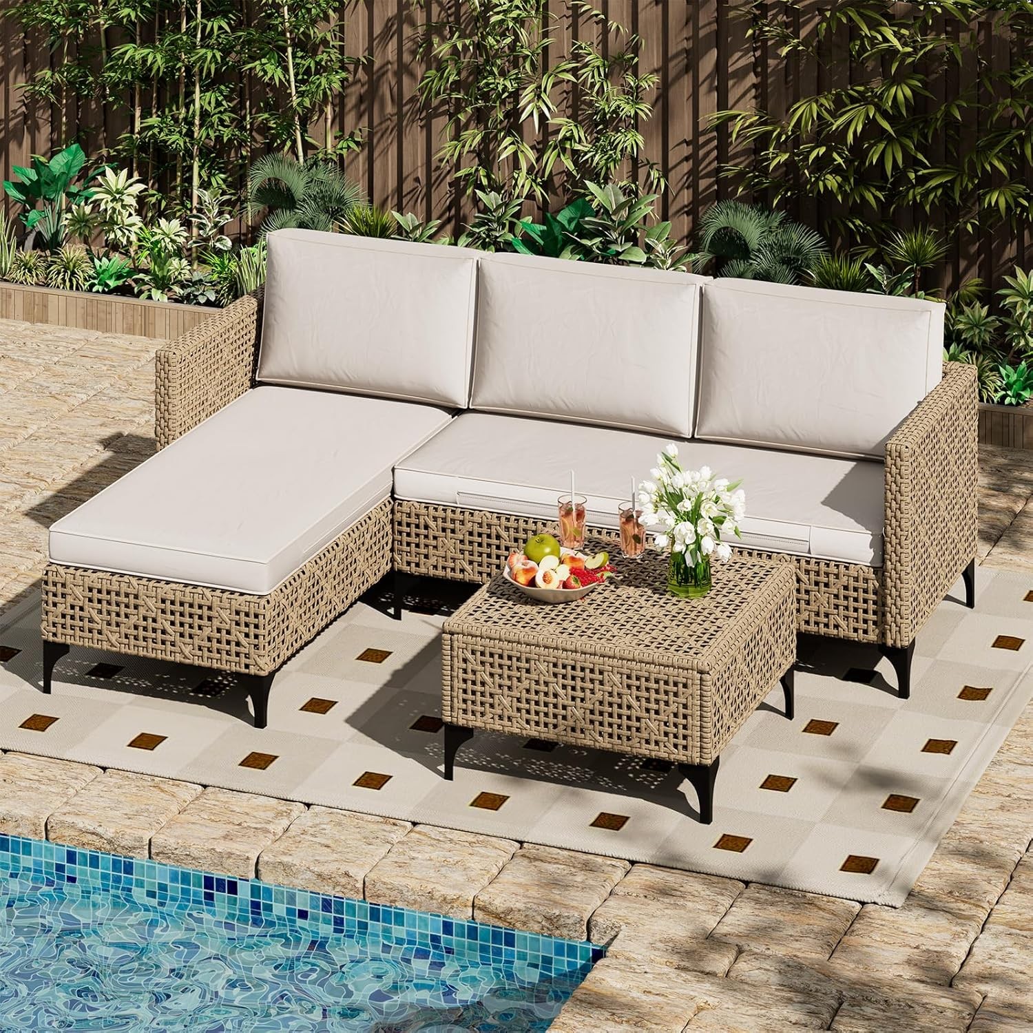 3 Piece Patio Wicker Sectional Set with Cushions & Coffee Table All Weather gallery