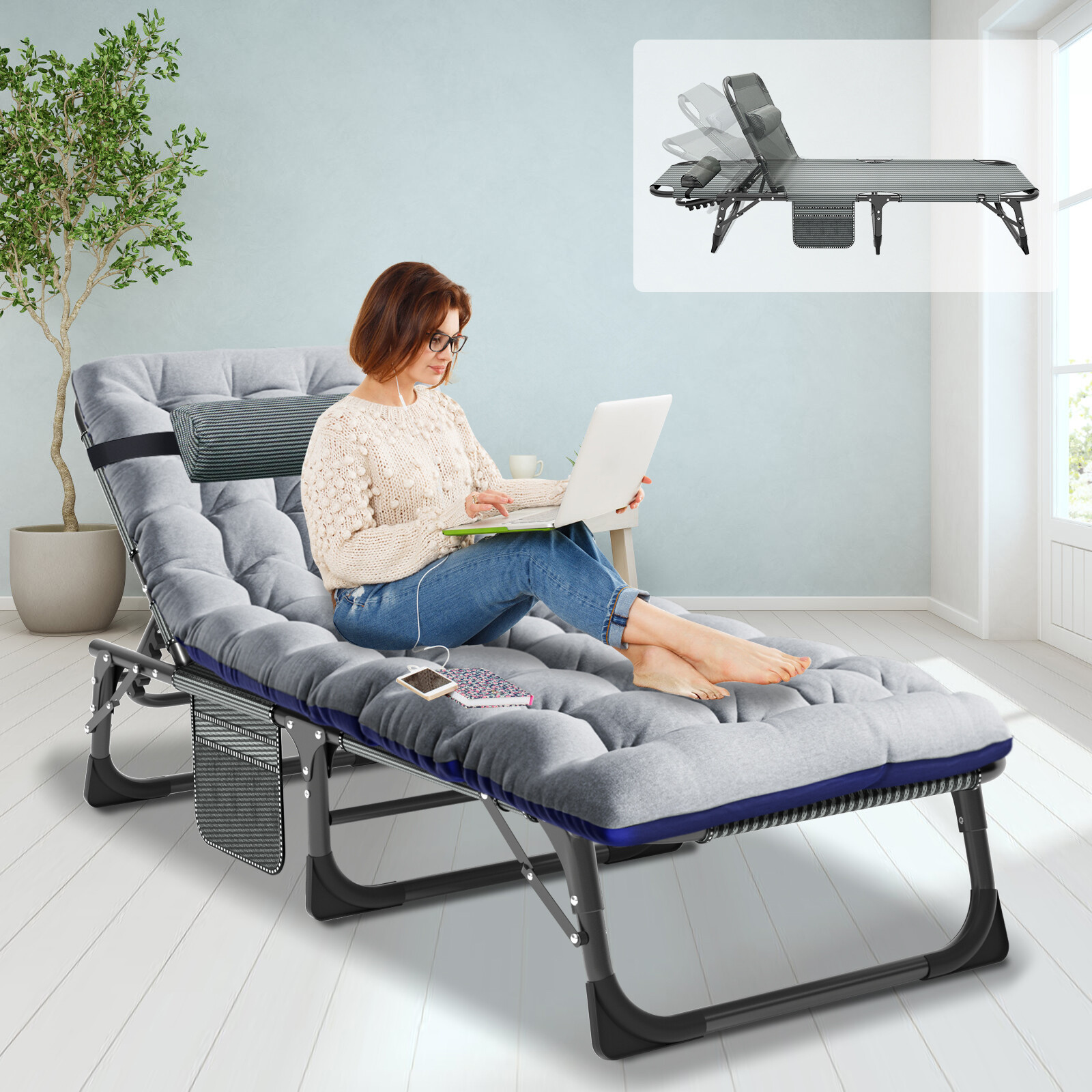 4Position Adjustable Camping Bed Padded Cot Folding Recliner Zero Gravity Chair gallery
