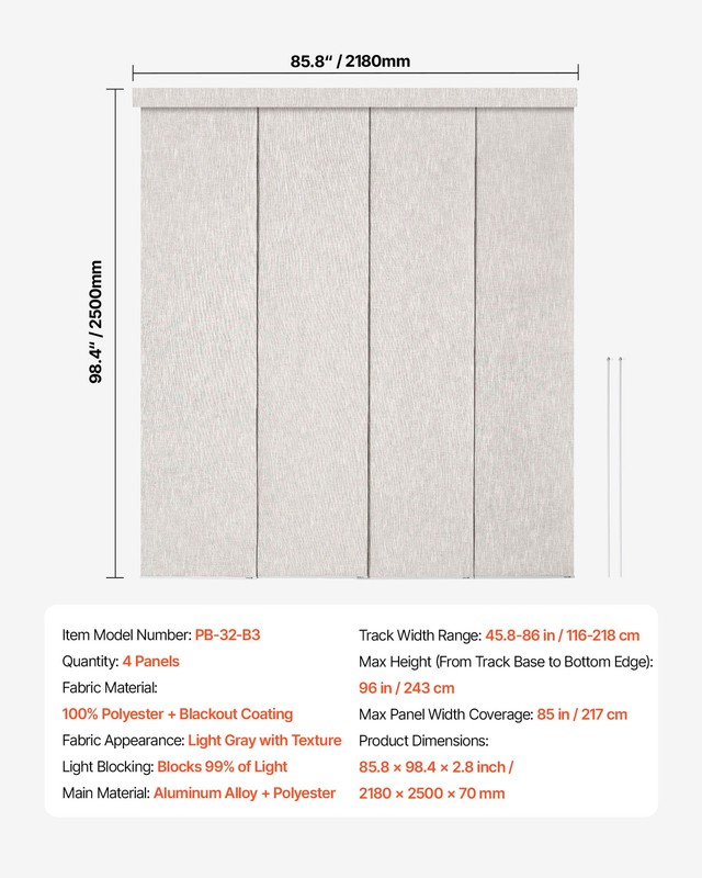 VEVOR Panel Track Blinds Extendable Track from 45.8 in to 86 in W Trimmable gallery