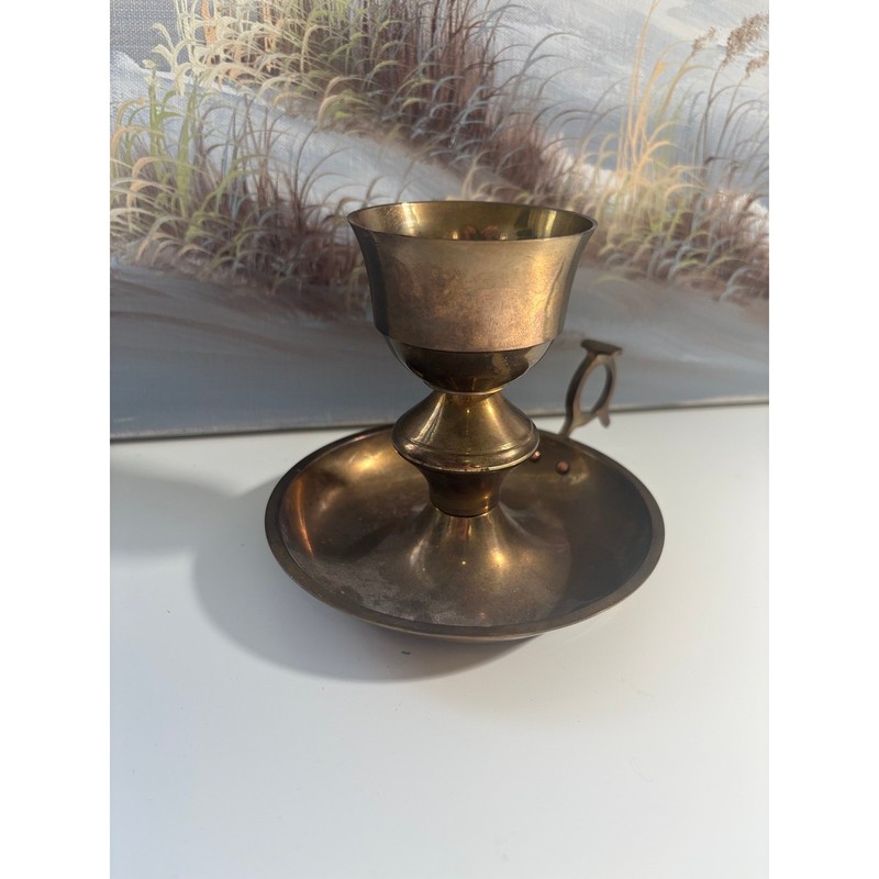 Vintage Solid Brass Chamberstick Candle Holder with Finger Loop Handle Patina gallery