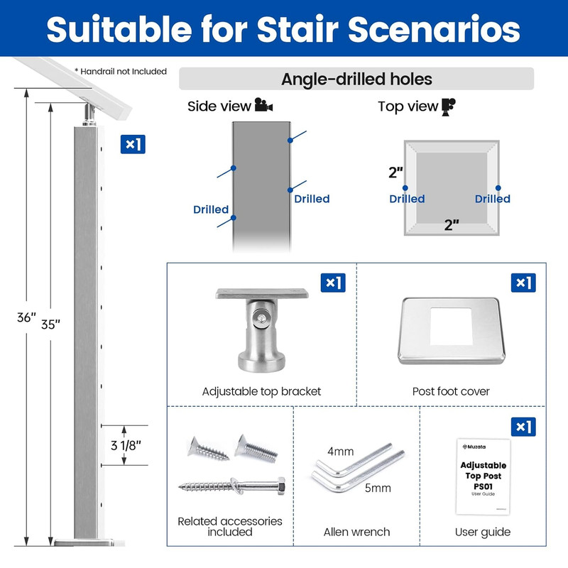 36" Stair Cable Railing Post for 25-35° Stairs - Brushed T304 Stainless Steel Ki gallery