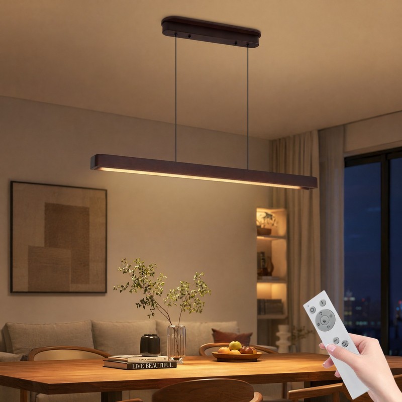 39 in 3CCT Modern Walnut Linear LED Pendant Chandelier Living Room Light Fixture gallery
