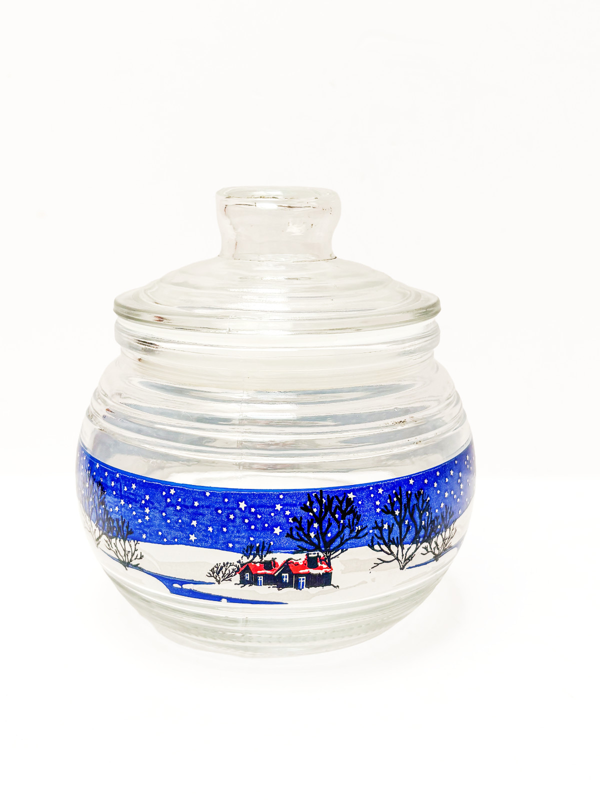 Modern KIG Glass Lidded Snack Candy Jar Blue Winter Cabin scene 4 7/8 inches gallery