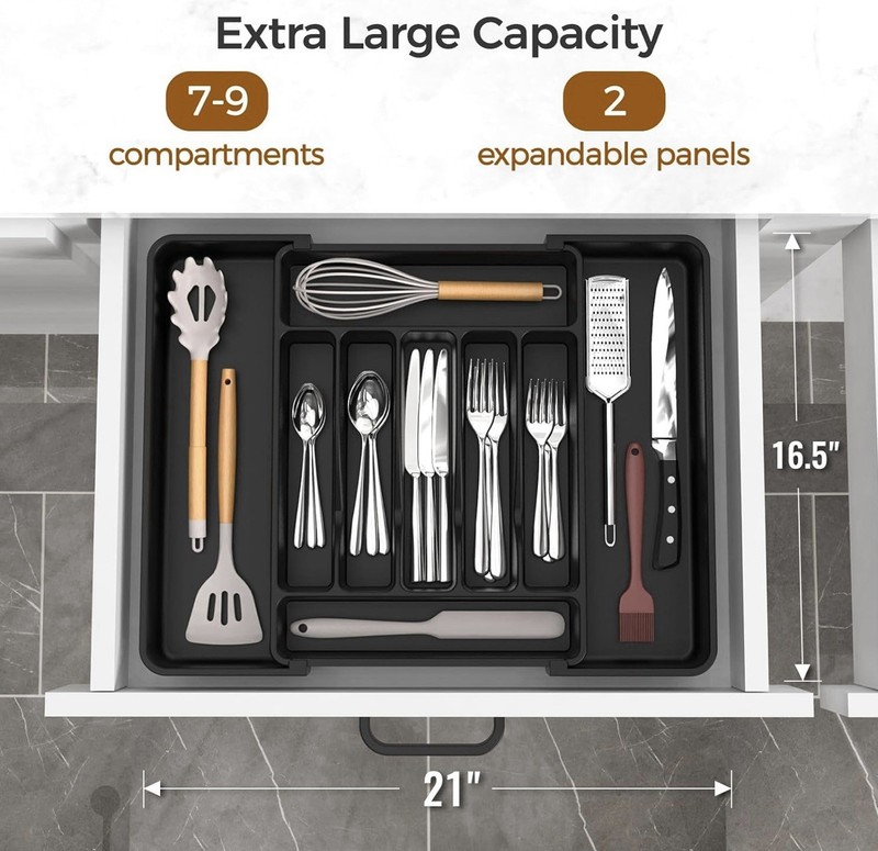 Extra Large Expandable Silverware Organizer –BPA-Free Food-Safe Cutlery Black gallery