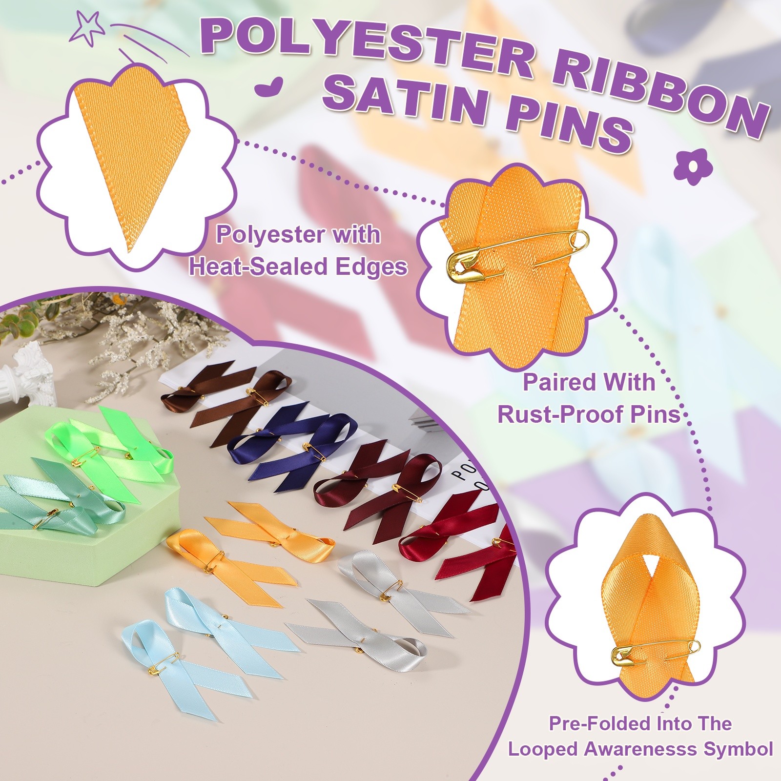 100 Pcs Polyester Ribbon Satin Pins, Gold gallery