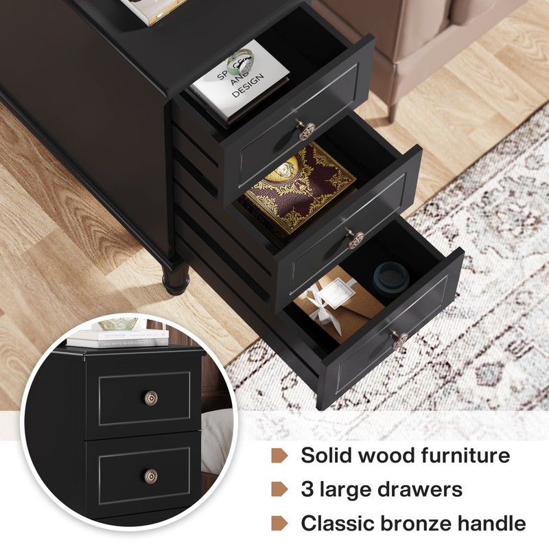 Solid Wood End Table, Fully Assembled Narrow Side Table with 3 Drawers Black gallery