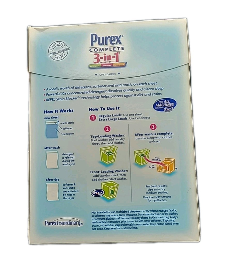 Purex Complete 3-in-1 Laundry Sheets Pure & Clean Detergent, 22 Loads Sealed gallery