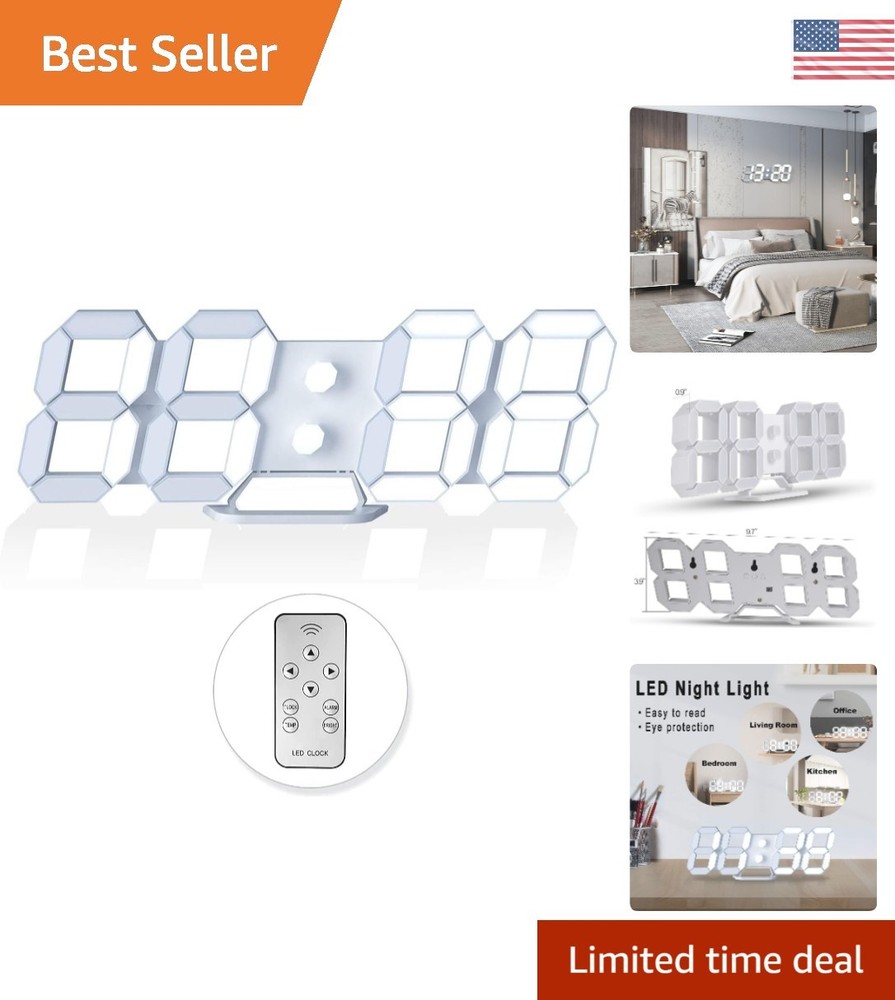 9.7'' Modern 3D LED Wall Clock with Snooze & Remote - Perfect Night Light