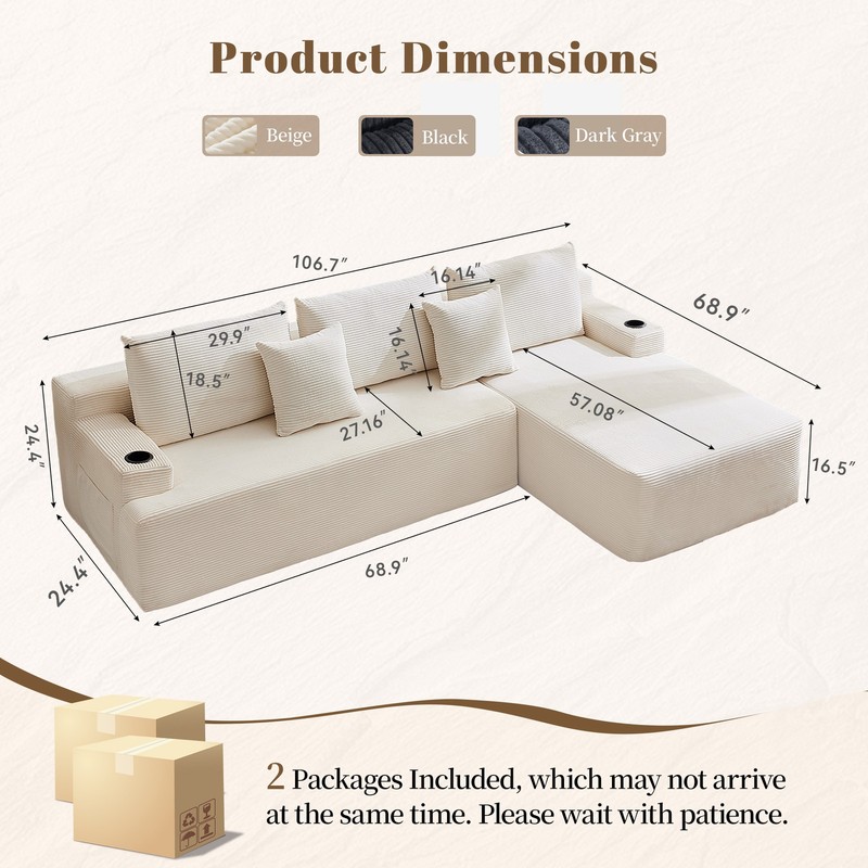 LOCAME 106" L-Shaped Modern Sofa Modular Sectional Cloud Couch with Ottoman gallery