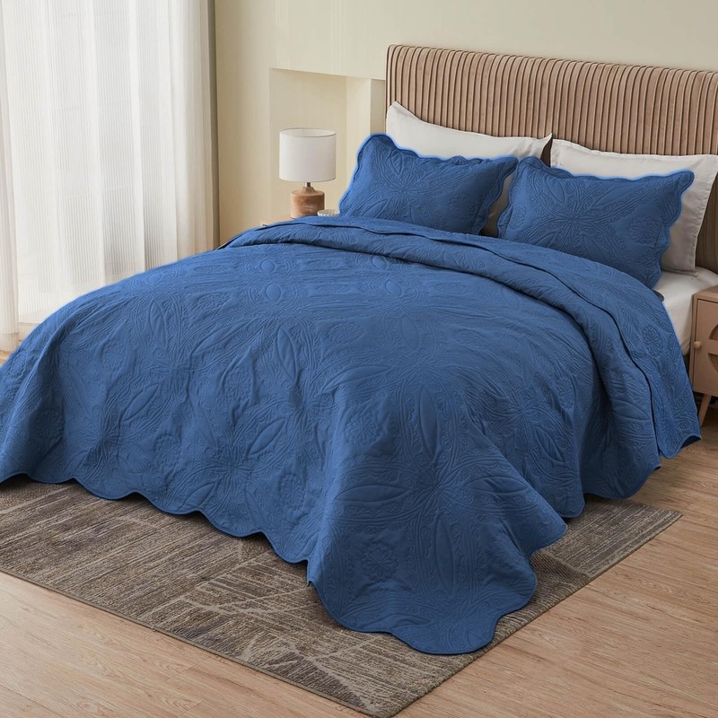 Oversized King Bedspread 128x120 - Extra Wide Cal King Coverlet Set, Navy, 3 Pie gallery